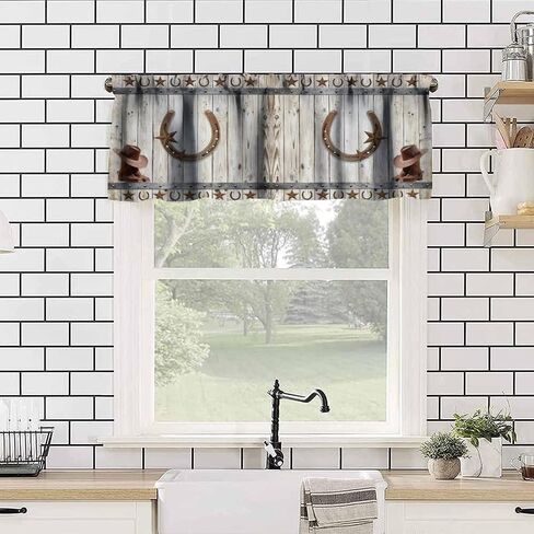 West Country Wooden Doors Valance Curtain for Kitchen,Old Country Ranch Texas Western Cowboy Star Sign Barn Door Windows Treatment Drapes for Bathroom Bedroom Living Room Farmhouse 54x 18 in in Saudi Arabia