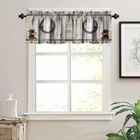 West Country Wooden Doors Valance Curtain for Kitchen,Old Country Ranch Texas Western Cowboy Star Sign Barn Door Windows Treatment Drapes for Bathroom Bedroom Living Room Farmhouse 54x 18 in in Saudi Arabia