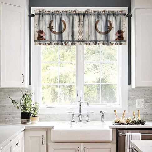 West Country Wooden Doors Valance Curtain for Kitchen,Old Country Ranch Texas Western Cowboy Star Sign Barn Door Windows Treatment Drapes for Bathroom Bedroom Living Room Farmhouse 54x 18 in in Saudi Arabia