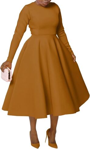 Women's Vintage Swing Dresses Long Sleeve A Line Casual Party Cocktail Church Formal Maxi Dress with Pockets in Saudi Arabia