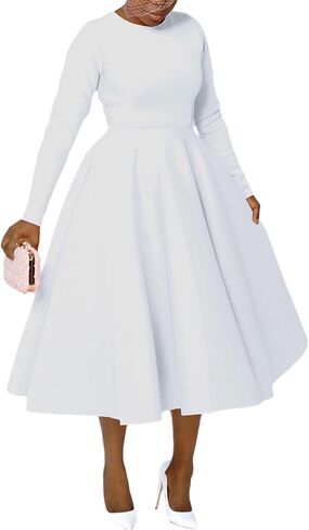 Women's Vintage Swing Dresses Long Sleeve A Line Casual Party Cocktail Church Formal Maxi Dress with Pockets in Saudi Arabia