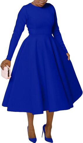 Women's Vintage Swing Dresses Long Sleeve A Line Casual Party Cocktail Church Formal Maxi Dress with Pockets in Saudi Arabia