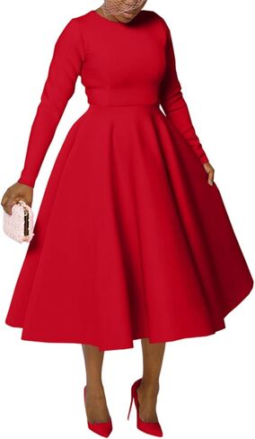 Women's Vintage Swing Dresses Long Sleeve A Line Casual Party Cocktail Church Formal Maxi Dress with Pockets in Saudi Arabia