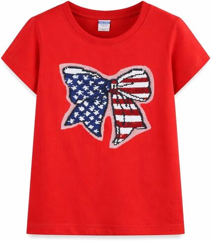 Girls 4th of July Shirt American Flag Shirts Bow Reversible Sequin Top Kids for Toddler and Girls Size 2-8 in Saudi Arabia