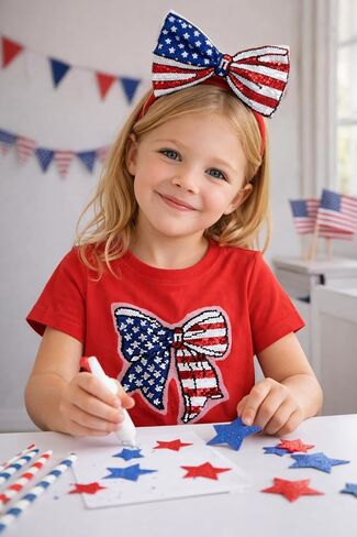 Girls 4th of July Shirt American Flag Shirts Bow Reversible Sequin Top Kids for Toddler and Girls Size 2-8 in Saudi Arabia