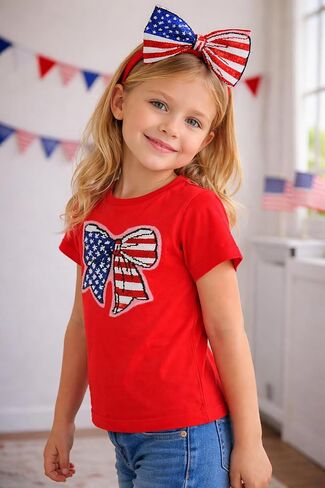 Girls 4th of July Shirt American Flag Shirts Bow Reversible Sequin Top Kids for Toddler and Girls Size 2-8 in Saudi Arabia