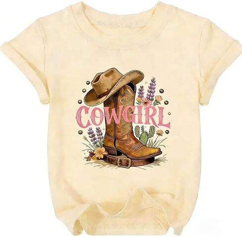 قمصان YHHR Cowgirl للفتيات ذات الأحذية والقبعة والقمصان الريفية للفتيات ذات رقبة مستديرة ورسوم كرتونية in Kuwait