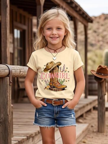 قمصان YHHR Cowgirl للفتيات ذات الأحذية والقبعة والقمصان الريفية للفتيات ذات رقبة مستديرة ورسوم كرتونية in Kuwait