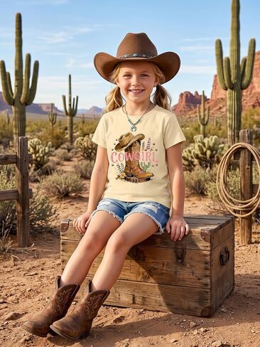 قمصان YHHR Cowgirl للفتيات ذات الأحذية والقبعة والقمصان الريفية للفتيات ذات رقبة مستديرة ورسوم كرتونية in Kuwait