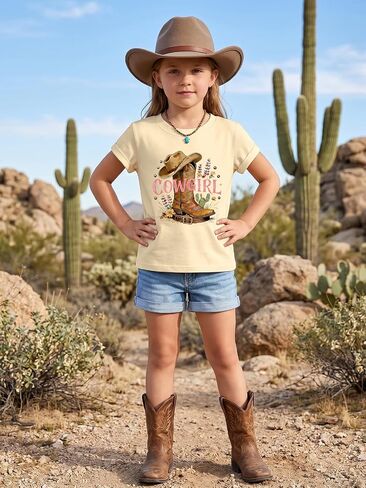 قمصان YHHR Cowgirl للفتيات ذات الأحذية والقبعة والقمصان الريفية للفتيات ذات رقبة مستديرة ورسوم كرتونية in Kuwait
