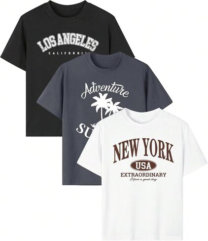 Girls Graphic T-Shirt 3-Pack, Printed Short Sleeve Crewneck Tees for Kids 8–14 in Kuwait