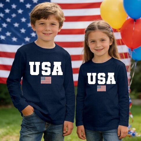 Toddler USA Shirts Boys Girls American Flag Patriotic T-Shirt Kids 4th of July Long Sleeve Tops in Saudi Arabia