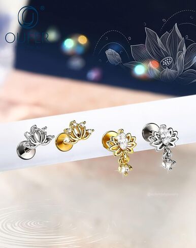 OUFER Body Piercing 18G Lotus Threadless أقراط مسطحة الظهر من التيتانيوم بعد الزنمة أقراط للنساء تتدلى Dianty هيليكس الغضروف الزنمة ثقب المجوهرات 6 مم مسطحة الظهر محارة اللولب الزنمة مسمار الأنف in Kuwait