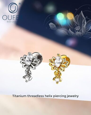 OUFER Body Piercing 18G Lotus Threadless أقراط مسطحة الظهر من التيتانيوم بعد الزنمة أقراط للنساء تتدلى Dianty هيليكس الغضروف الزنمة ثقب المجوهرات 6 مم مسطحة الظهر محارة اللولب الزنمة مسمار الأنف in Kuwait
