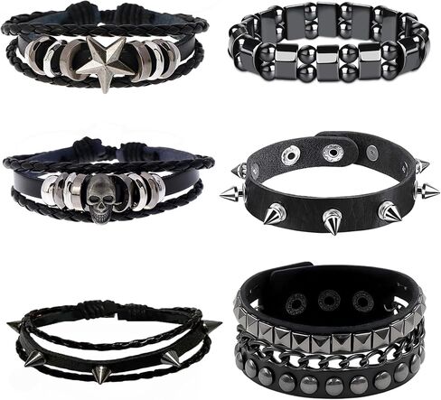 YMO 6 Pieces Spiked Bracelets, Studded Bracelet Emo Bracelets Black Leather Cuff Wristband Rivet Punk Bracelet Goth Punk Accessories for Women Men (Punk Skull Spiked) in Saudi Arabia