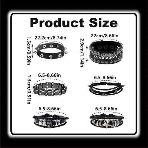 YMO 6 Pieces Spiked Bracelets, Studded Bracelet Emo Bracelets Black Leather Cuff Wristband Rivet Punk Bracelet Goth Punk Accessories for Women Men (Punk Skull Spiked) in Saudi Arabia