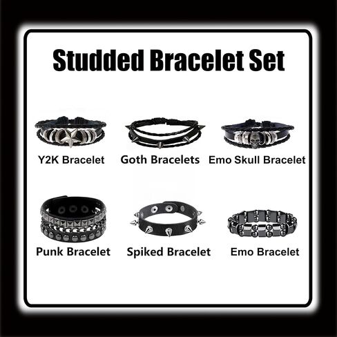 YMO 6 Pieces Spiked Bracelets, Studded Bracelet Emo Bracelets Black Leather Cuff Wristband Rivet Punk Bracelet Goth Punk Accessories for Women Men (Punk Skull Spiked) in Saudi Arabia