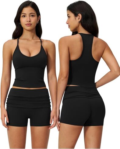 QBGJTD Two Piece Workout Sets for Women V Neck Racerback Tank Tops and High Waist Shorts Gym Yoga Outfits in Saudi Arabia