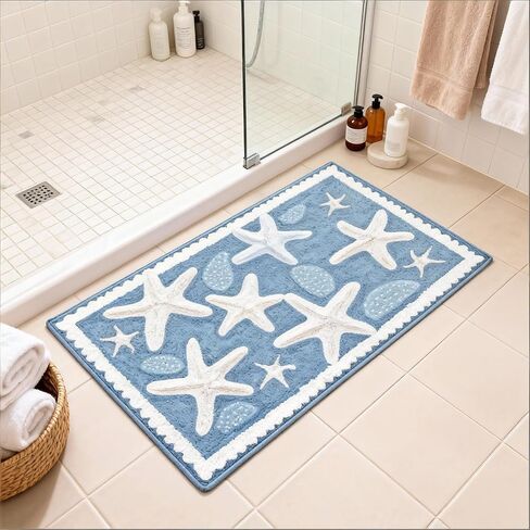Moorfowl Starfish Seashell Bath Mat Ocean Sea Theme, 15.75" W x 23.62" L, Soft and Absorbent Blue Bathroom Rugs Non-Slip Washable Beach Door Mat for Kitchen Bedroom Laundry Entryway Decor in Saudi Arabia
