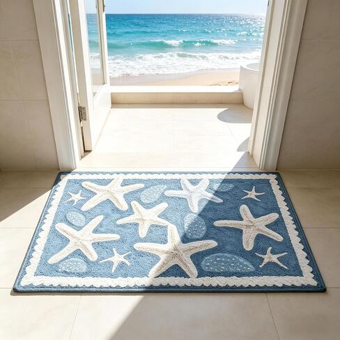 Moorfowl Starfish Seashell Bath Mat Ocean Sea Theme, 15.75" W x 23.62" L, Soft and Absorbent Blue Bathroom Rugs Non-Slip Washable Beach Door Mat for Kitchen Bedroom Laundry Entryway Decor in Saudi Arabia