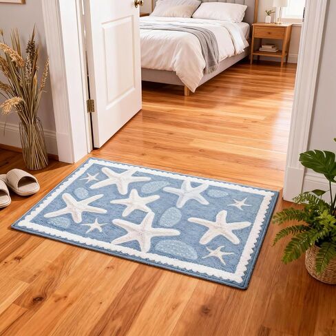Moorfowl Starfish Seashell Bath Mat Ocean Sea Theme, 15.75" W x 23.62" L, Soft and Absorbent Blue Bathroom Rugs Non-Slip Washable Beach Door Mat for Kitchen Bedroom Laundry Entryway Decor in Saudi Arabia