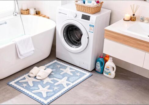 Moorfowl Starfish Seashell Bath Mat Ocean Sea Theme, 15.75" W x 23.62" L, Soft and Absorbent Blue Bathroom Rugs Non-Slip Washable Beach Door Mat for Kitchen Bedroom Laundry Entryway Decor in Saudi Arabia