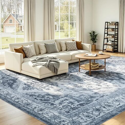UKISS Washable Rugs 8'x10' Area Rugs for Living Room ，Ultra Soft Faux Silky Rug for Bedroom, Vintage Large Area Rug，Non Slip&Non-Shedding Low Pile Large Carpets for Home Office Decor Blue in Saudi Arabia