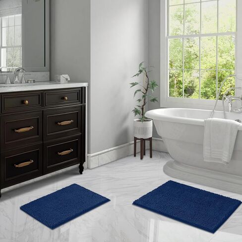 LINLA Bathroom Rugs Sets 2 Piece, Absorbent Soft Chenille Bath Mat, Non-Slip,Quick Dry, Washable, Carpet Mats for Floor, Tub and Shower, 32" x 20"/24" x 17", Navy Blue in Kuwait