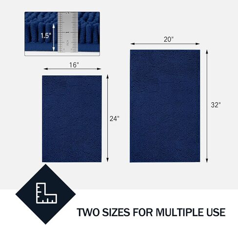 LINLA Bathroom Rugs Sets 2 Piece, Absorbent Soft Chenille Bath Mat, Non-Slip,Quick Dry, Washable, Carpet Mats for Floor, Tub and Shower, 32" x 20"/24" x 17", Navy Blue in Kuwait