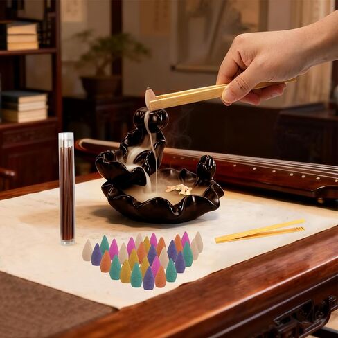 Backflow Incense Burner, Waterfall Incense Cone Holder Ceramic Incenses Fountain Burner Hand-Made Censer Incenses Stick Stand with 20 Cones, 30 Stick, Bamboo Tweezers in Saudi Arabia