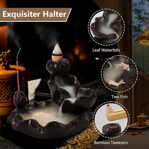 Backflow Incense Burner, Waterfall Incense Cone Holder Ceramic Incenses Fountain Burner Hand-Made Censer Incenses Stick Stand with 20 Cones, 30 Stick, Bamboo Tweezers in Saudi Arabia