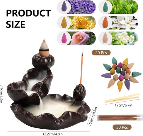 Backflow Incense Burner, Waterfall Incense Cone Holder Ceramic Incenses Fountain Burner Hand-Made Censer Incenses Stick Stand with 20 Cones, 30 Stick, Bamboo Tweezers in Saudi Arabia