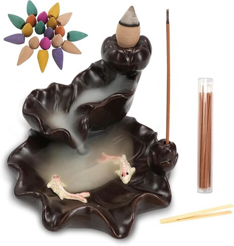 Backflow Incense Burner, Waterfall Incense Cone Holder Ceramic Incenses Fountain Burner Hand-Made Censer Incenses Stick Stand with 20 Cones, 30 Stick, Bamboo Tweezers in Saudi Arabia