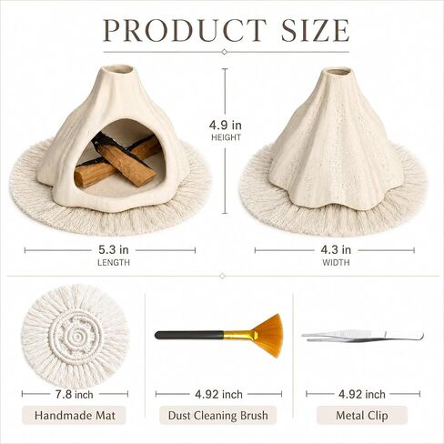 Palo Santo Holder Burner, Mini Chiminea Palo Santo Burner with Handmade Heat Insulated Mat, Dust Brush, Metal Tweezer, Ceramic Palo Santo Holder for Smudging, Meditation, Yoga. in Saudi Arabia