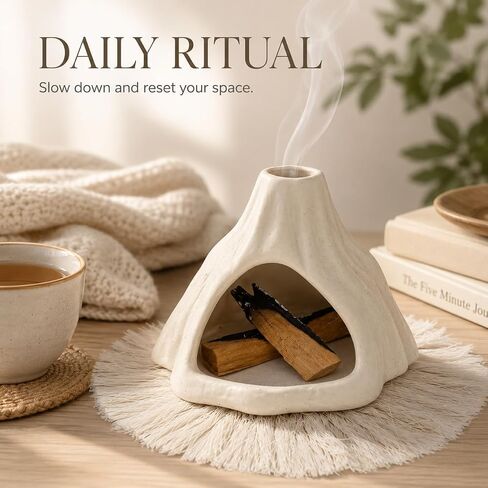 Palo Santo Holder Burner, Mini Chiminea Palo Santo Burner with Handmade Heat Insulated Mat, Dust Brush, Metal Tweezer, Ceramic Palo Santo Holder for Smudging, Meditation, Yoga. in Saudi Arabia