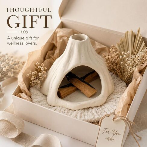 Palo Santo Holder Burner, Mini Chiminea Palo Santo Burner with Handmade Heat Insulated Mat, Dust Brush, Metal Tweezer, Ceramic Palo Santo Holder for Smudging, Meditation, Yoga. in Saudi Arabia