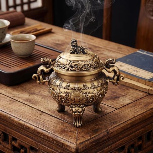 Solid Brass Incense Burner with Qilin Lid,22oz Chinese Feng Shui Handmade Censer,5.5 Inch Brass Incense Burner with 3 Incense Holders for Zen Meditation Altar Decor,Indoor Home Office Décor in Saudi Arabia