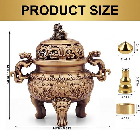 Solid Brass Incense Burner with Qilin Lid,22oz Chinese Feng Shui Handmade Censer,5.5 Inch Brass Incense Burner with 3 Incense Holders for Zen Meditation Altar Decor,Indoor Home Office Décor in Saudi Arabia