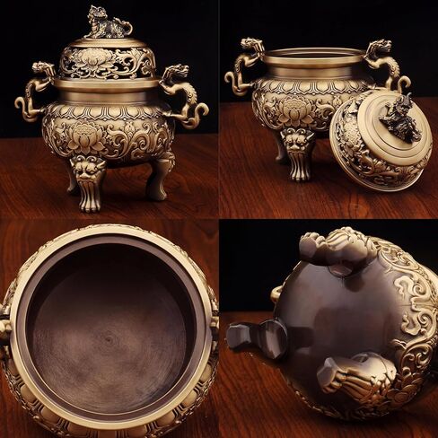 Solid Brass Incense Burner with Qilin Lid,22oz Chinese Feng Shui Handmade Censer,5.5 Inch Brass Incense Burner with 3 Incense Holders for Zen Meditation Altar Decor,Indoor Home Office Décor in Saudi Arabia