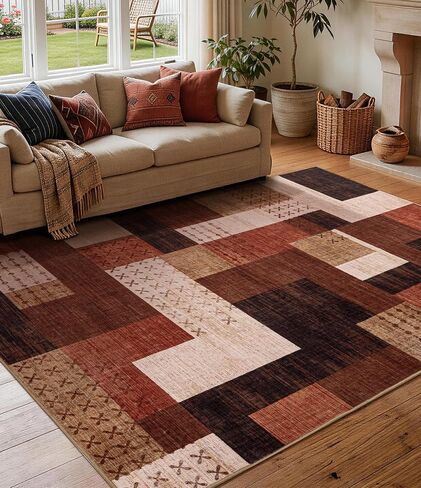 YIHOUSE Brown Modern 5x7 Area Rugs for Living Room, Washable Geometric Patchwork Rug for Bedroom Playroom Non Slip Low Pile, Southwestern Rustic Throw Carpet for Entryway Home Office in Saudi Arabia
