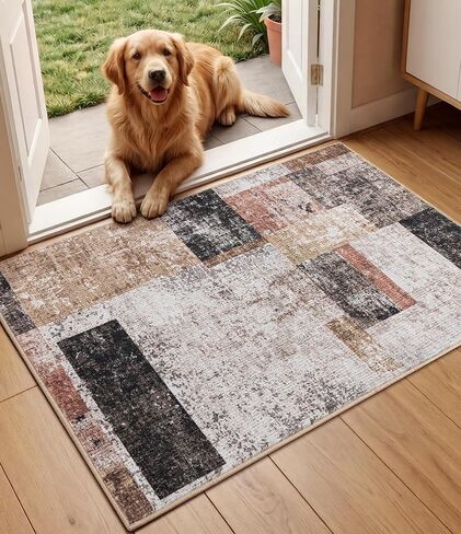 YIHOUSE Brown Modern 5x7 Area Rugs for Living Room, Washable Geometric Patchwork Rug for Bedroom Playroom Non Slip Low Pile, Southwestern Rustic Throw Carpet for Entryway Home Office in Saudi Arabia