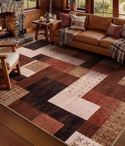 YIHOUSE Brown Modern 5x7 Area Rugs for Living Room, Washable Geometric Patchwork Rug for Bedroom Playroom Non Slip Low Pile, Southwestern Rustic Throw Carpet for Entryway Home Office in Saudi Arabia