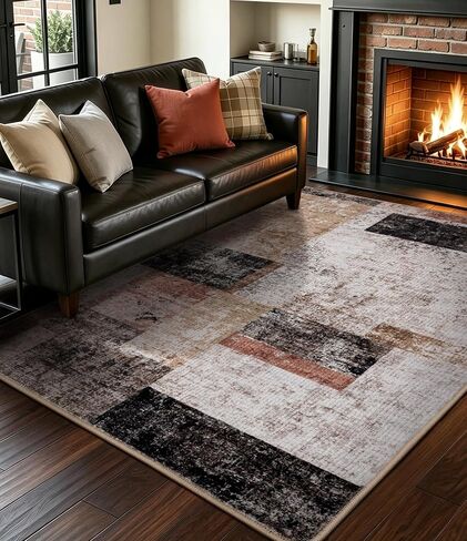 YIHOUSE Brown Modern 5x7 Area Rugs for Living Room, Washable Geometric Patchwork Rug for Bedroom Playroom Non Slip Low Pile, Southwestern Rustic Throw Carpet for Entryway Home Office in Saudi Arabia