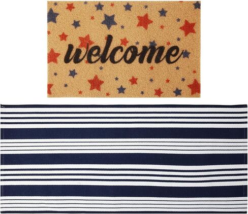 2 Pcs 4th of July Doormat 24'' x 51'' Patriotic Outdoor Rug and 18'' x 28'' Red Blue Star Coir Doormat Welcome Mat Independence Day Non Slip Floor Mat for Entrance Front Porch in Kuwait