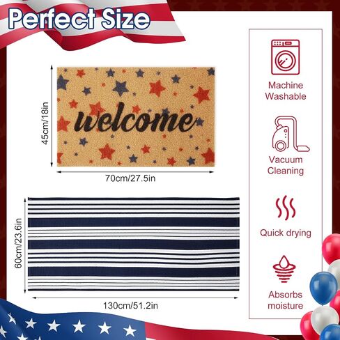 2 Pcs 4th of July Doormat 24'' x 51'' Patriotic Outdoor Rug and 18'' x 28'' Red Blue Star Coir Doormat Welcome Mat Independence Day Non Slip Floor Mat for Entrance Front Porch in Kuwait