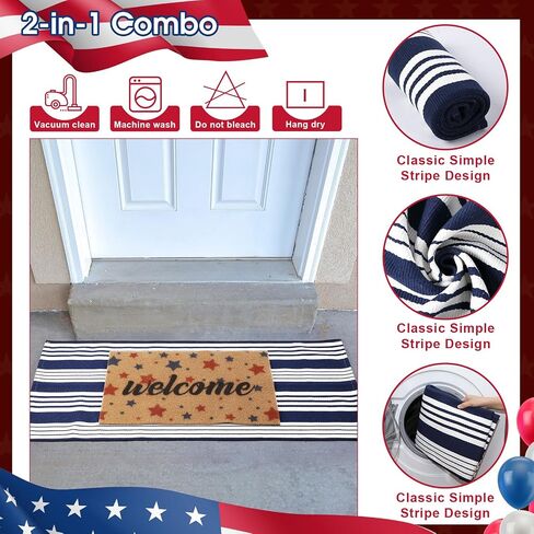 2 Pcs 4th of July Doormat 24'' x 51'' Patriotic Outdoor Rug and 18'' x 28'' Red Blue Star Coir Doormat Welcome Mat Independence Day Non Slip Floor Mat for Entrance Front Porch in Kuwait