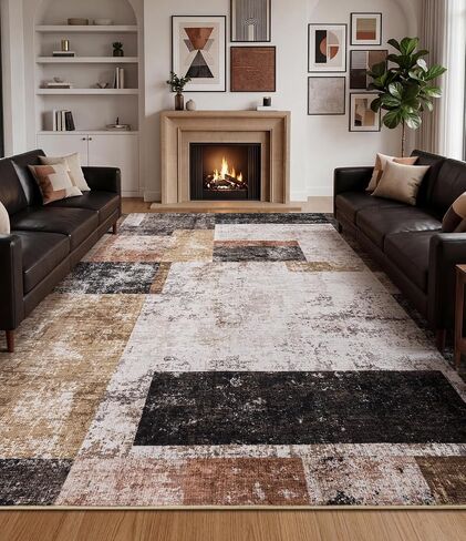 YIHOUSE Brown Modern 5x7 Area Rugs for Living Room, Washable Geometric Patchwork Rug for Bedroom Playroom Non Slip Low Pile, Southwestern Rustic Throw Carpet for Entryway Home Office in Saudi Arabia