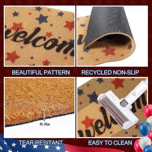 2 Pcs 4th of July Doormat 24'' x 51'' Patriotic Outdoor Rug and 18'' x 28'' Red Blue Star Coir Doormat Welcome Mat Independence Day Non Slip Floor Mat for Entrance Front Porch in Kuwait