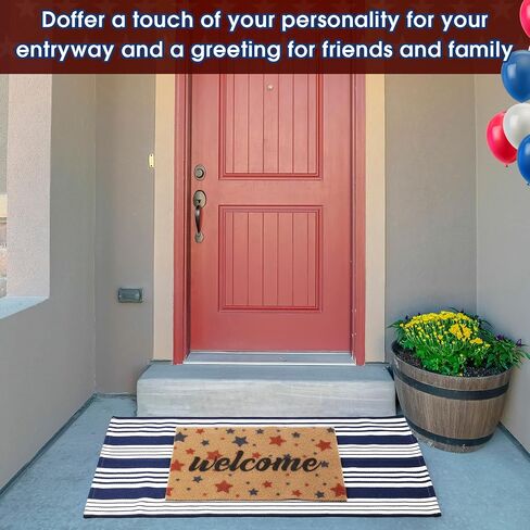 2 Pcs 4th of July Doormat 24'' x 51'' Patriotic Outdoor Rug and 18'' x 28'' Red Blue Star Coir Doormat Welcome Mat Independence Day Non Slip Floor Mat for Entrance Front Porch in Kuwait