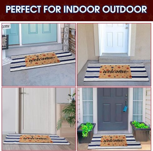 2 Pcs 4th of July Doormat 24'' x 51'' Patriotic Outdoor Rug and 18'' x 28'' Red Blue Star Coir Doormat Welcome Mat Independence Day Non Slip Floor Mat for Entrance Front Porch in Kuwait